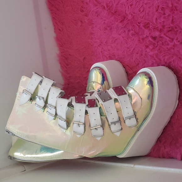 Vintage rare Demonia Swing 230 white with Green Sparkle Platform Boots Size 8 - Picture 6 of 12